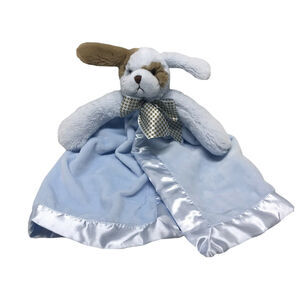Bearington Baby Blue Plush Puppy Dog Lovey Security Blanket Satin Edge Brown Bow